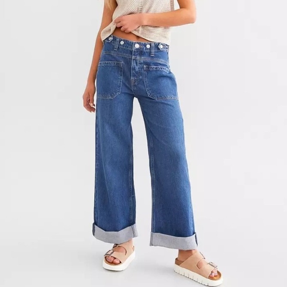 We The Free People Palmer Wide Leg Jeans Blue 31 High Rise Preppy Boho Denim